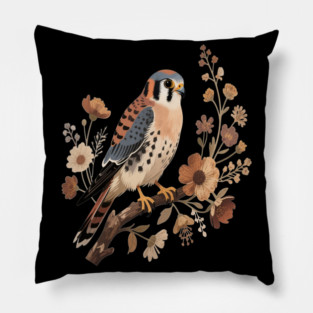 American Kestrel Bird With Vintage Wildflower Design Pillow