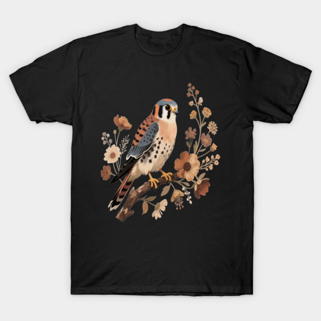 American Kestrel Bird With Vintage Wildflower Design T-Shirt by BirdsnStuff