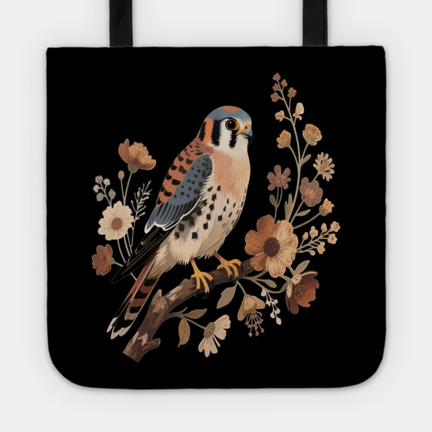 American Kestrel Bird With Vintage Wildflower Design Tote by BirdsnStuff