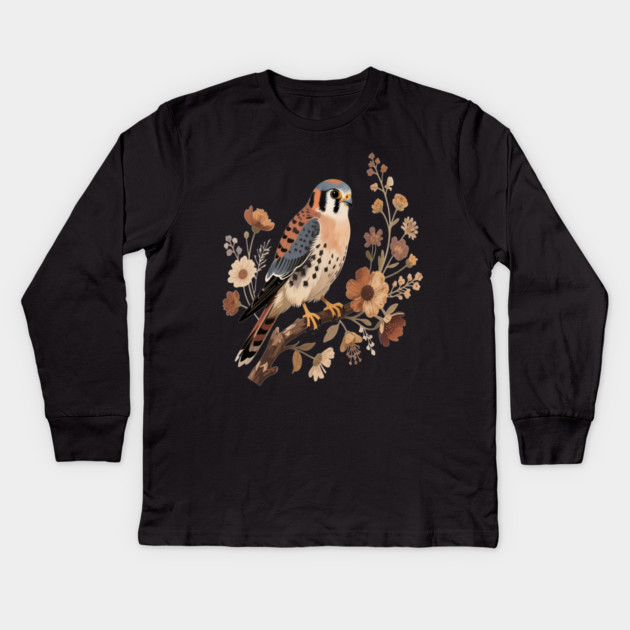 American Kestrel Bird With Vintage Wildflower Design Kids Long Sleeve T-Shirt by BirdsnStuff