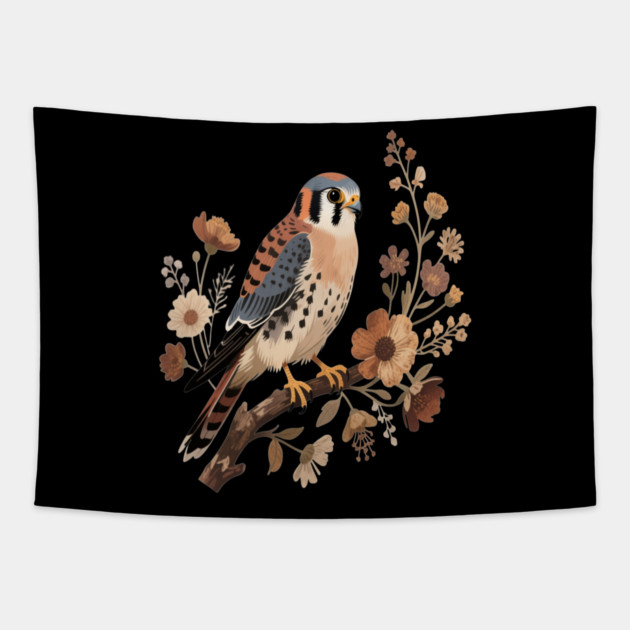 American Kestrel Bird With Vintage Wildflower Design Tapestry by BirdsnStuff