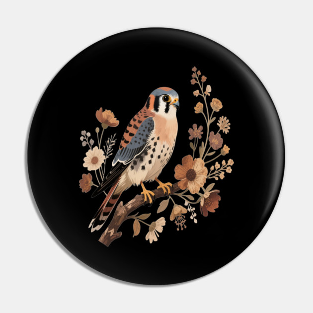 American Kestrel Bird With Vintage Wildflower Design Pin by BirdsnStuff