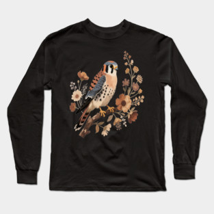 American Kestrel Bird With Vintage Wildflower Design Long Sleeve T-Shirt