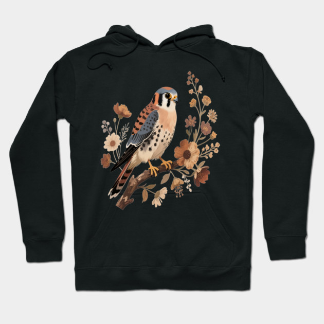 American Kestrel Bird With Vintage Wildflower Design Hoodie by BirdsnStuff