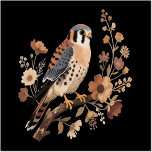American Kestrel Bird With Vintage Wildflower Design Posters and Art