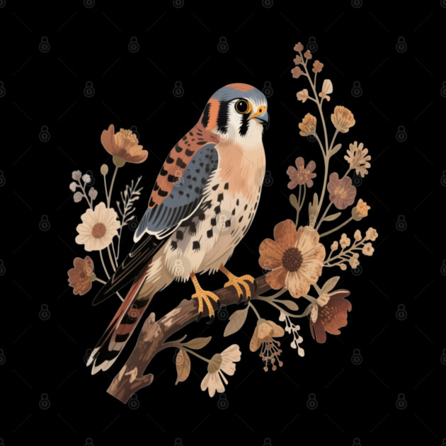 American Kestrel Bird With Vintage Wildflower Design by BirdsnStuff