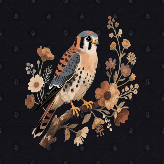 American Kestrel Bird With Vintage Wildflower Design by BirdsnStuff