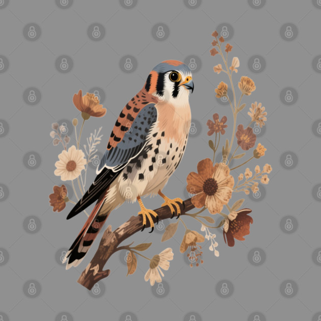 American Kestrel Bird With Vintage Wildflower Design by BirdsnStuff