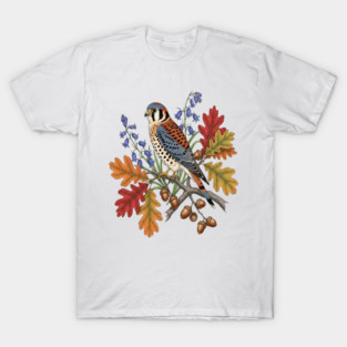 American Kestrel Bird With Autumn Leaves And Flowers T-Shirt