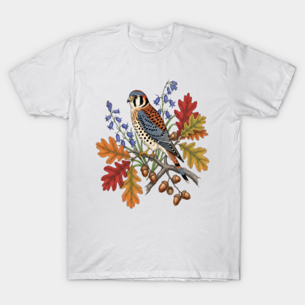 American Kestrel Bird With Autumn Leaves And Flowers T-Shirt by BirdsnStuff