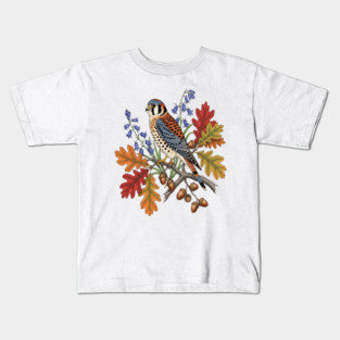 American Kestrel Bird With Autumn Leaves And Flowers Kids T-Shirt
