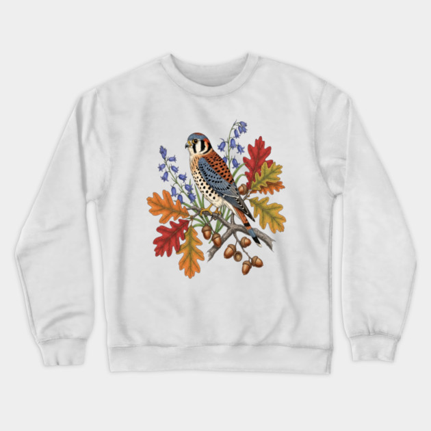 American Kestrel Bird With Autumn Leaves And Flowers Crewneck Sweatshirt by BirdsnStuff