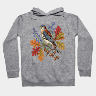 American Kestrel Bird With Autumn Leaves And Flowers Hoodie