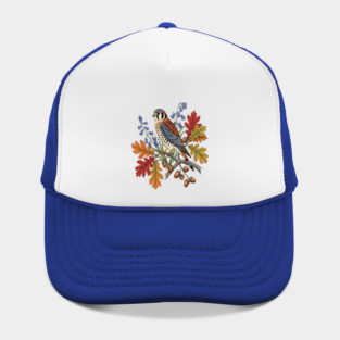 American Kestrel Bird With Autumn Leaves And Flowers Hat