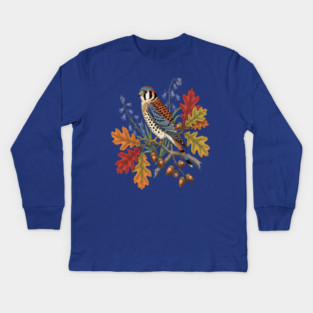 American Kestrel Bird With Autumn Leaves And Flowers Kids Long Sleeve T-Shirt