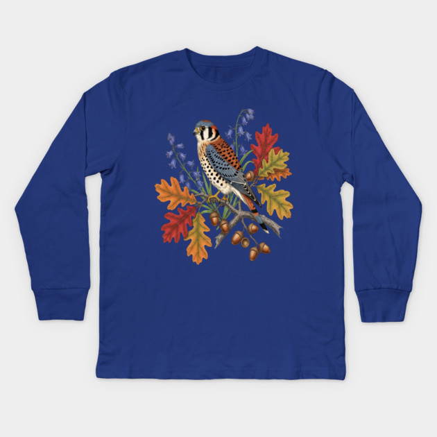 American Kestrel Bird With Autumn Leaves And Flowers Kids Long Sleeve T-Shirt by BirdsnStuff
