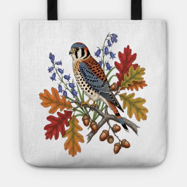American Kestrel Bird With Autumn Leaves And Flowers Tote by BirdsnStuff