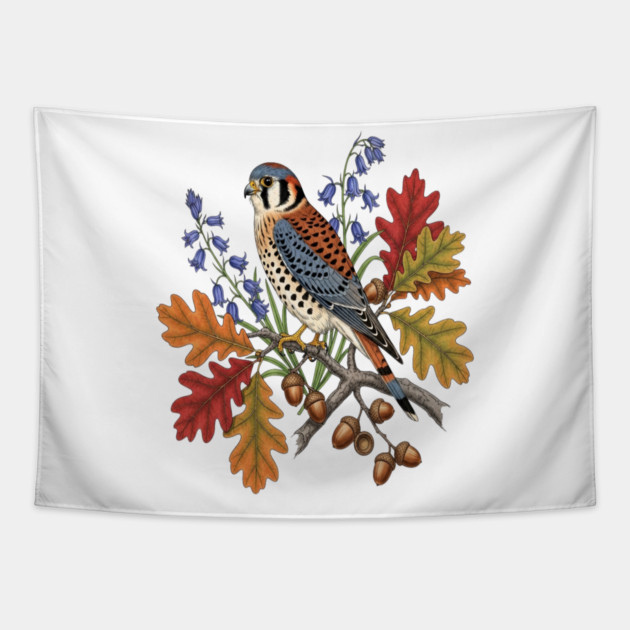 American Kestrel Bird With Autumn Leaves And Flowers Tapestry by BirdsnStuff