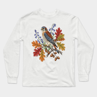 American Kestrel Bird With Autumn Leaves And Flowers Long Sleeve T-Shirt