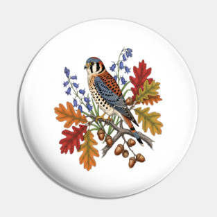 American Kestrel Bird With Autumn Leaves And Flowers Pin