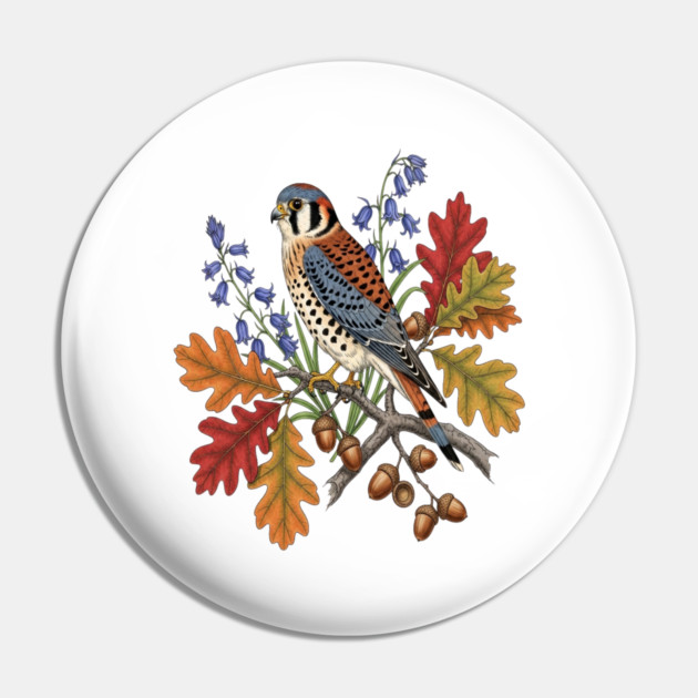 American Kestrel Bird With Autumn Leaves And Flowers Pin by BirdsnStuff