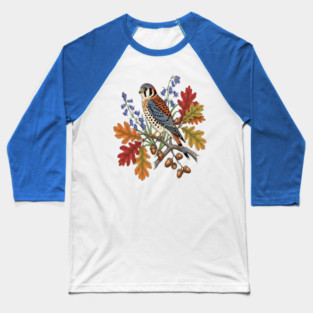 American Kestrel Bird With Autumn Leaves And Flowers Baseball T-Shirt