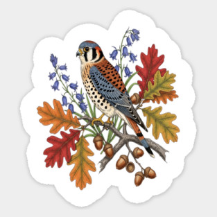American Kestrel Bird With Autumn Leaves And Flowers Sticker