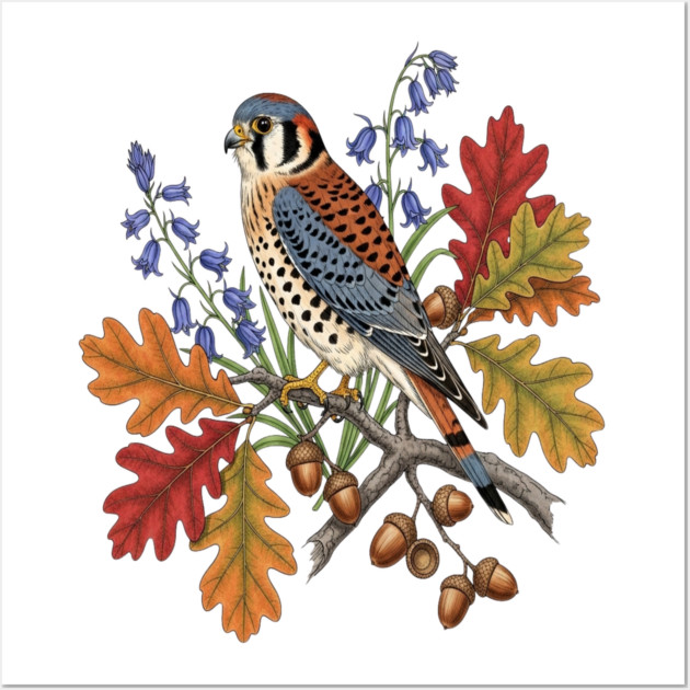 American Kestrel Bird With Autumn Leaves And Flowers Wall Art by BirdsnStuff