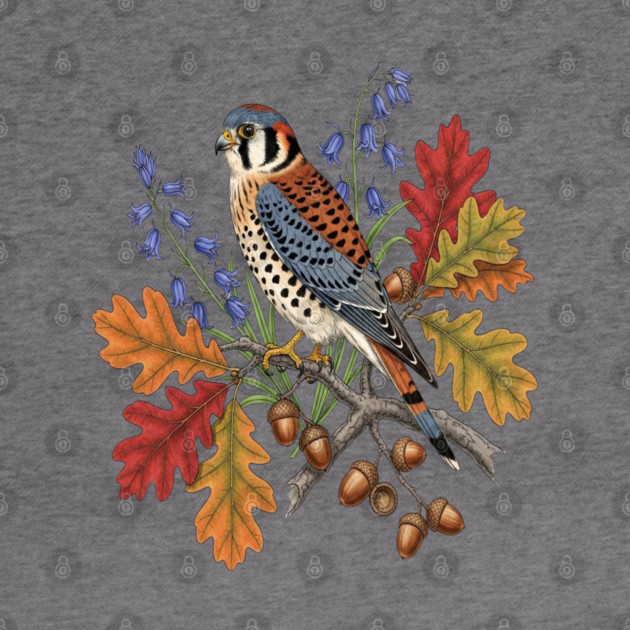 American Kestrel Bird With Autumn Leaves And Flowers by BirdsnStuff