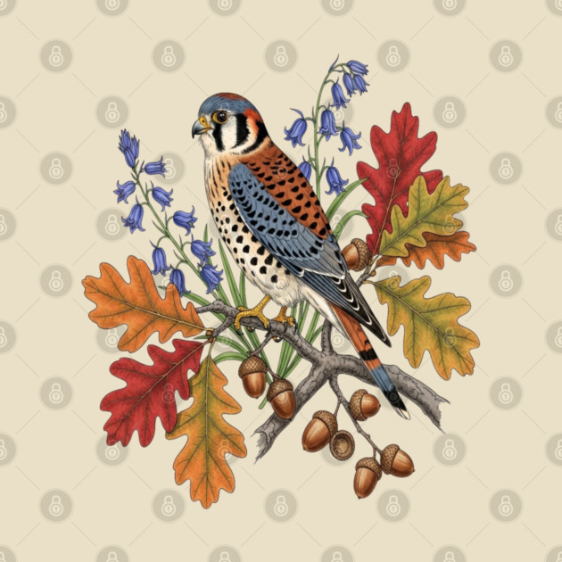 American Kestrel Bird With Autumn Leaves And Flowers by BirdsnStuff