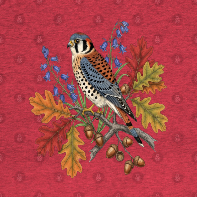 American Kestrel Bird With Autumn Leaves And Flowers by BirdsnStuff
