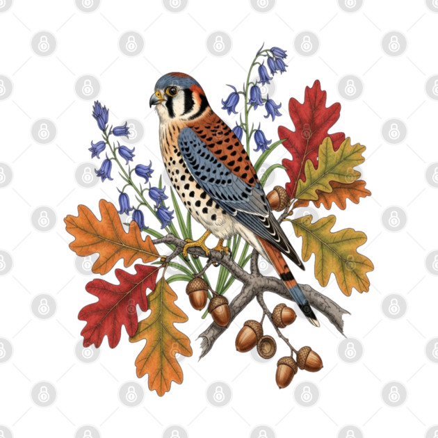 American Kestrel Bird With Autumn Leaves And Flowers by BirdsnStuff