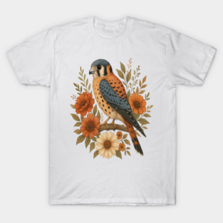 American Kestrel Bird With Rustic Floral Arrangement T-Shirt