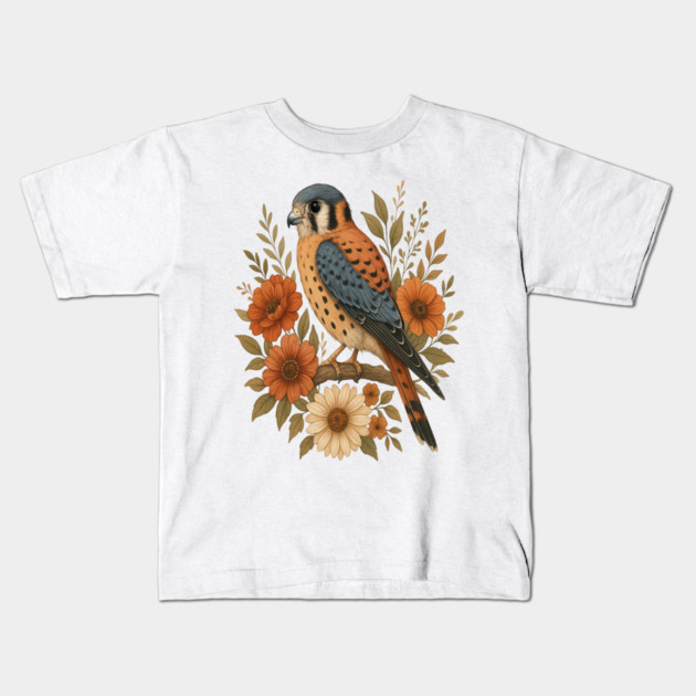 American Kestrel Bird With Rustic Floral Arrangement Kids T-Shirt by BirdsnStuff