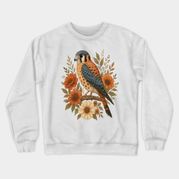 American Kestrel Bird With Rustic Floral Arrangement Crewneck Sweatshirt by BirdsnStuff