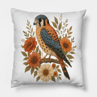 American Kestrel Bird With Rustic Floral Arrangement Pillow