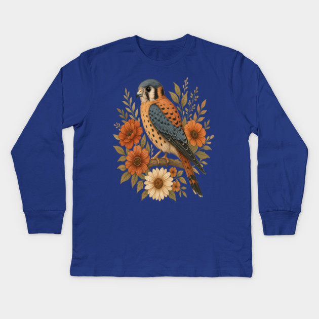 American Kestrel Bird With Rustic Floral Arrangement Kids Long Sleeve T-Shirt by BirdsnStuff