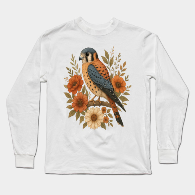 American Kestrel Bird With Rustic Floral Arrangement Long Sleeve T-Shirt by BirdsnStuff
