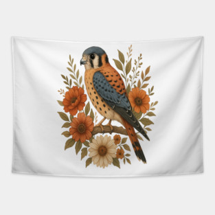 American Kestrel Bird With Rustic Floral Arrangement Tapestry