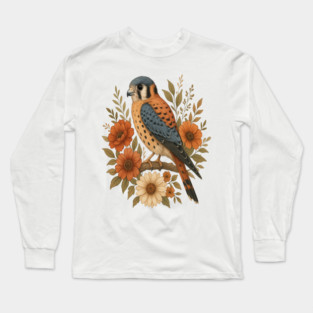 American Kestrel Bird With Rustic Floral Arrangement Long Sleeve T-Shirt