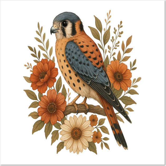 American Kestrel Bird With Rustic Floral Arrangement Wall Art by BirdsnStuff