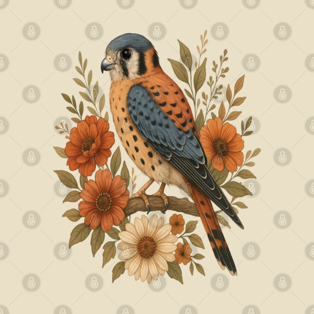 American Kestrel Bird With Rustic Floral Arrangement by BirdsnStuff