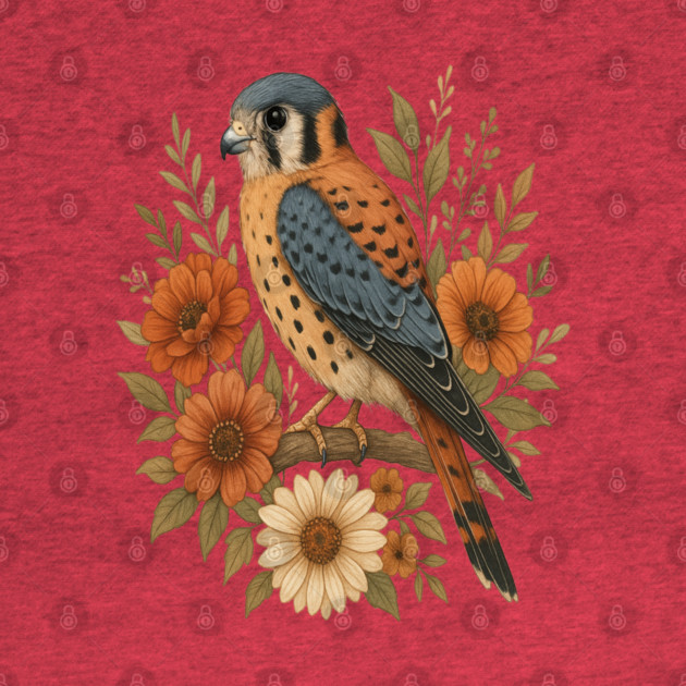 American Kestrel Bird With Rustic Floral Arrangement by BirdsnStuff
