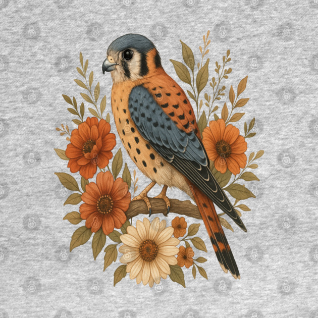 American Kestrel Bird With Rustic Floral Arrangement by BirdsnStuff