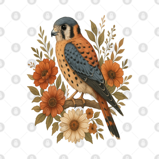 American Kestrel Bird With Rustic Floral Arrangement by BirdsnStuff