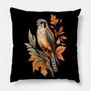 American Kestrel Bird with Autumn Leaves Nature Art Pillow