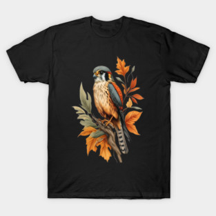 American Kestrel Bird with Autumn Leaves Nature Art T-Shirt