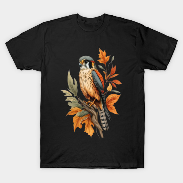 American Kestrel Bird with Autumn Leaves Nature Art T-Shirt by BirdsnStuff