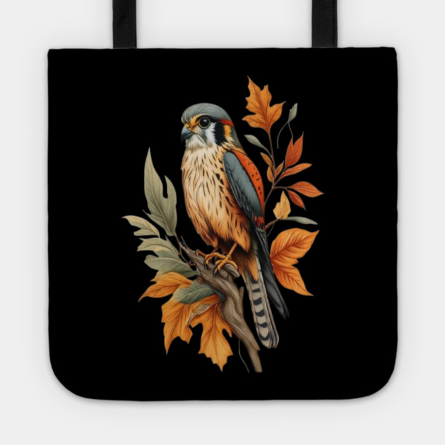 American Kestrel Bird with Autumn Leaves Nature Art Tote by BirdsnStuff