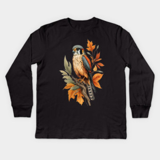 American Kestrel Bird with Autumn Leaves Nature Art Kids Long Sleeve T-Shirt